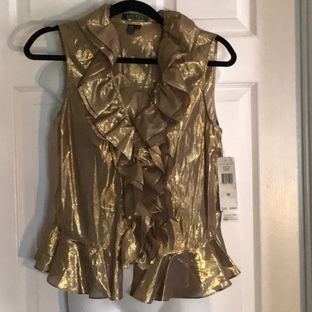 Ralph Lauren metallic gold ruffle short sleeve top